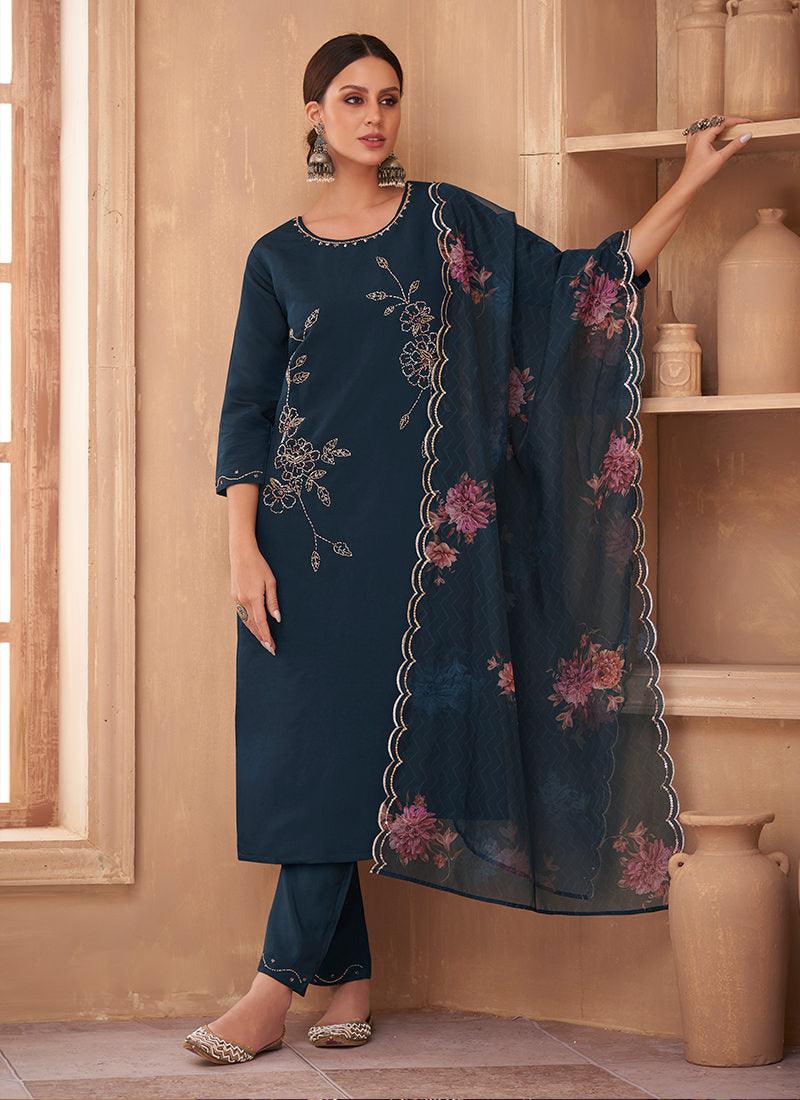 Hand Work Navy Blue Pant Style Suit With Floral Dupatta Get To Buy Cheap Pice