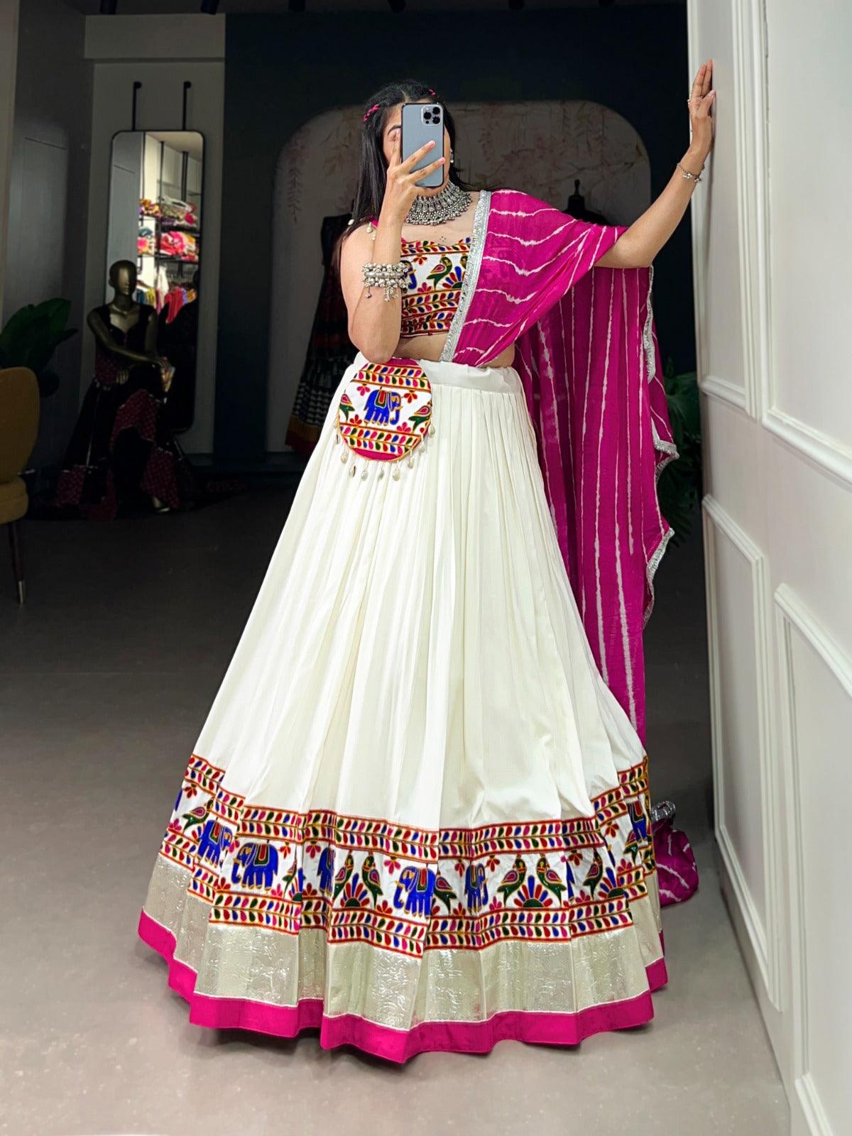 White Pure Rayon Gamthi Worked Navratri Lehenga Choli Set Best Pices Sale Online