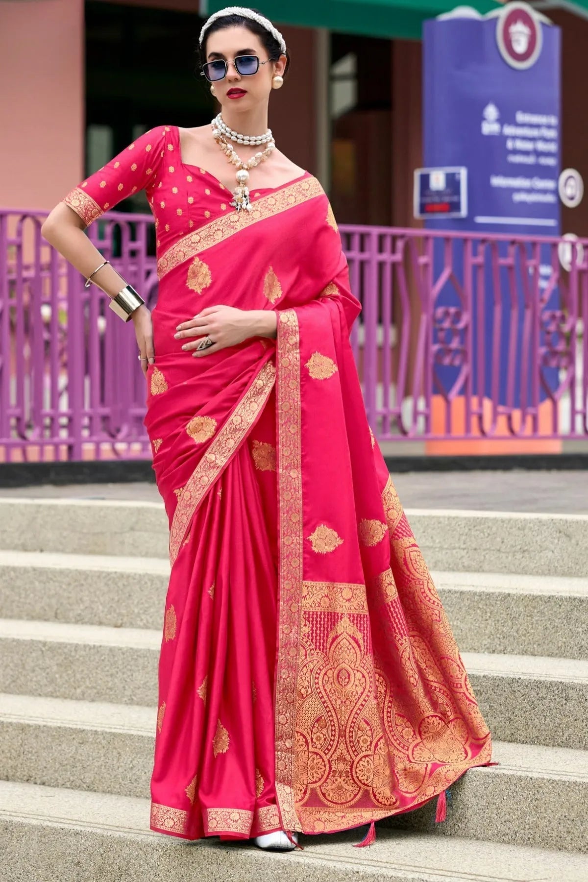 Crimson Pink Banarasi Handloom Saree Sale Genuine