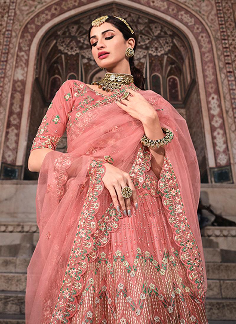 Peach Color Soft Net Fabric Resham And Zari Work Lehenga Perfect Cheap Online