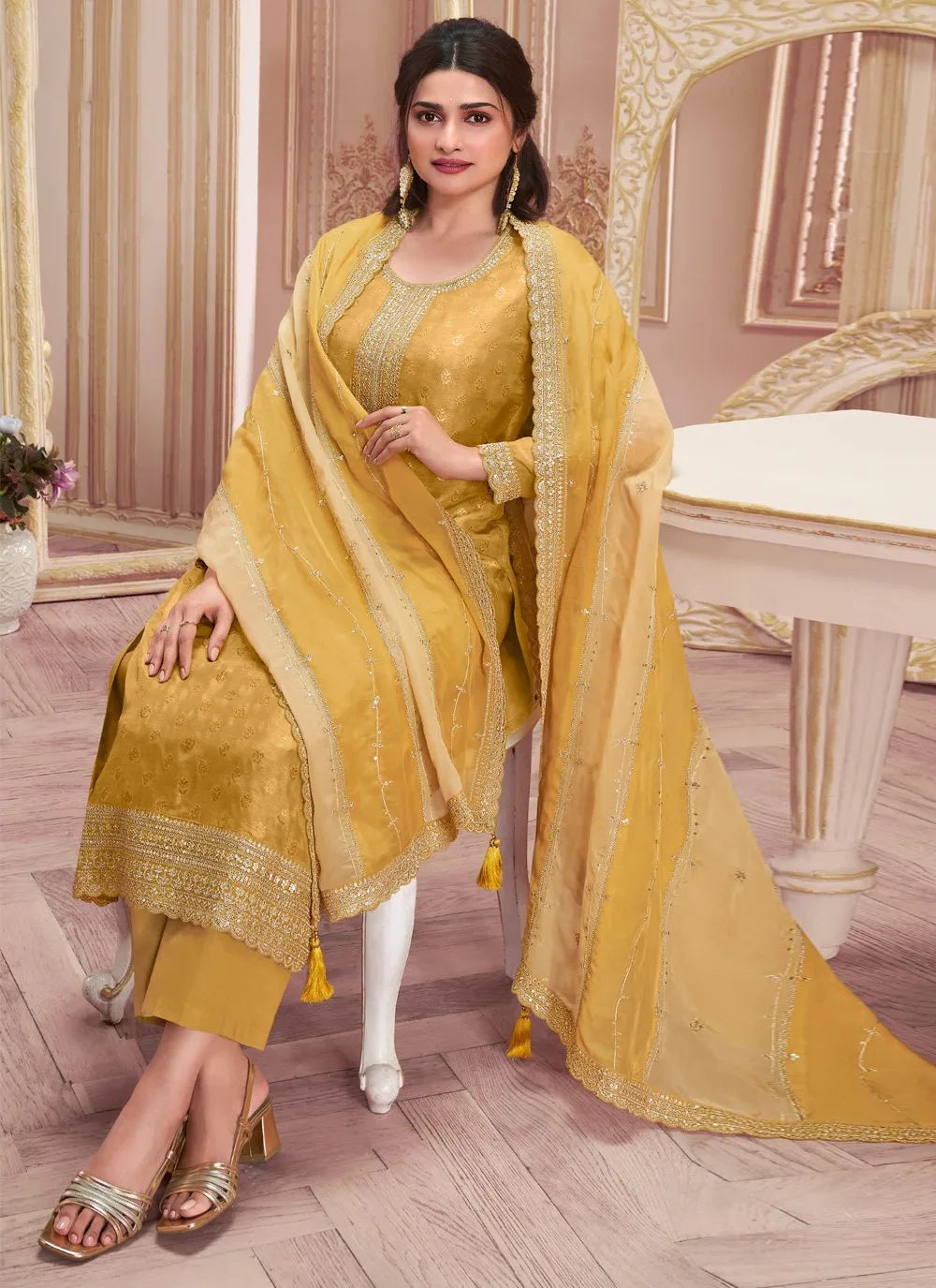 Yellow Dola Jacquard Sequins Embroidered Straight Suit Good Selling Cheap Online