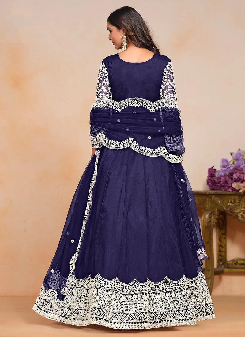 Fiery Dark Blue Designer Embroidered Anarkali Gown Inexpensive For Sale