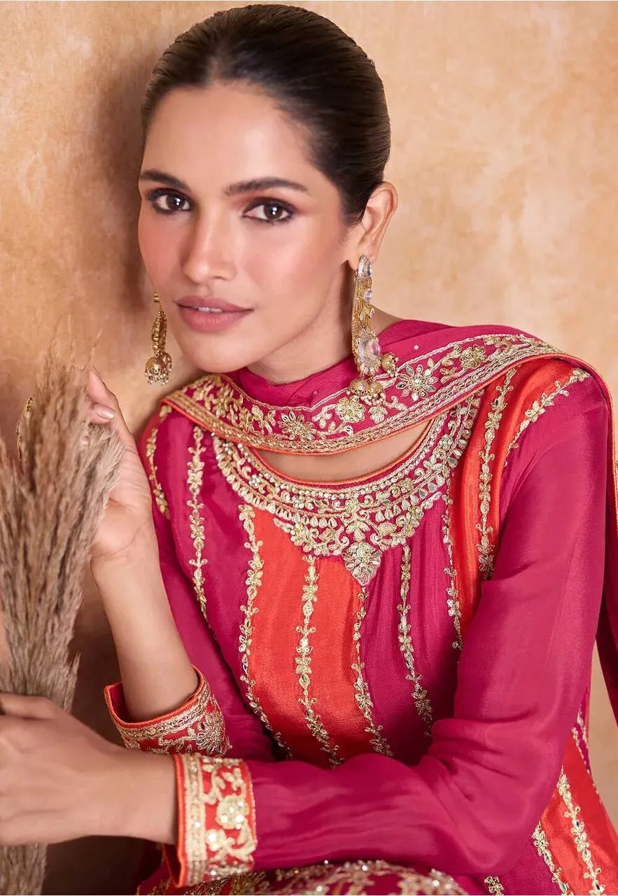 Exquisite Pink-Orange Embroidered Chinon Palazzo Suit Buy Cheap Big Discount