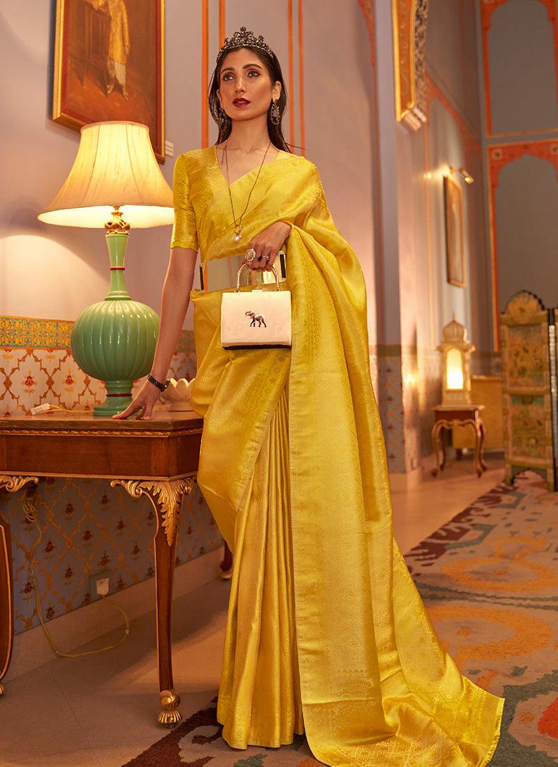 Elegant Yellow Color Silk Base Saree With Silk Weave Work Top Quality For Sale