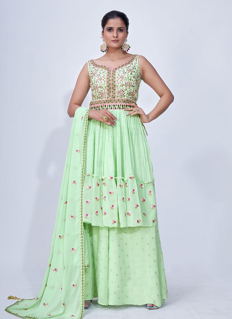 Thread With Mirror Work Neon Green Palazzo Suit Visit Online