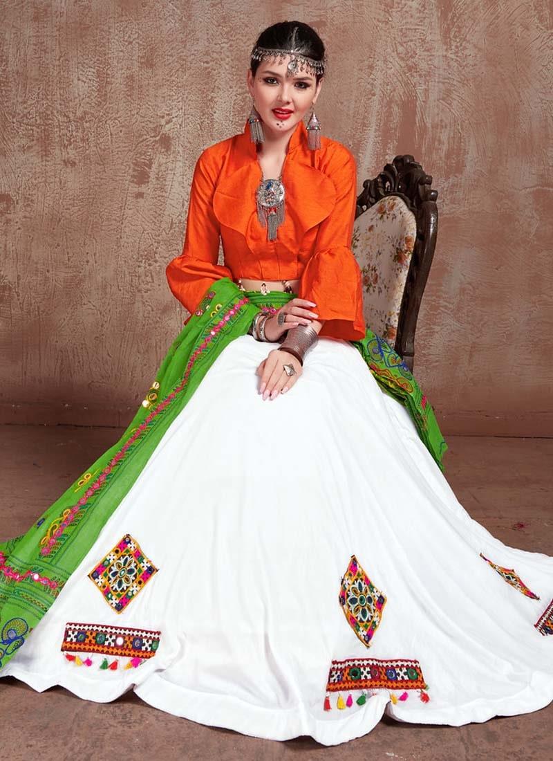 White And Orange Color Cotton Base Navratri Special Mirror Work Lehenga Choli Original Cheap Online