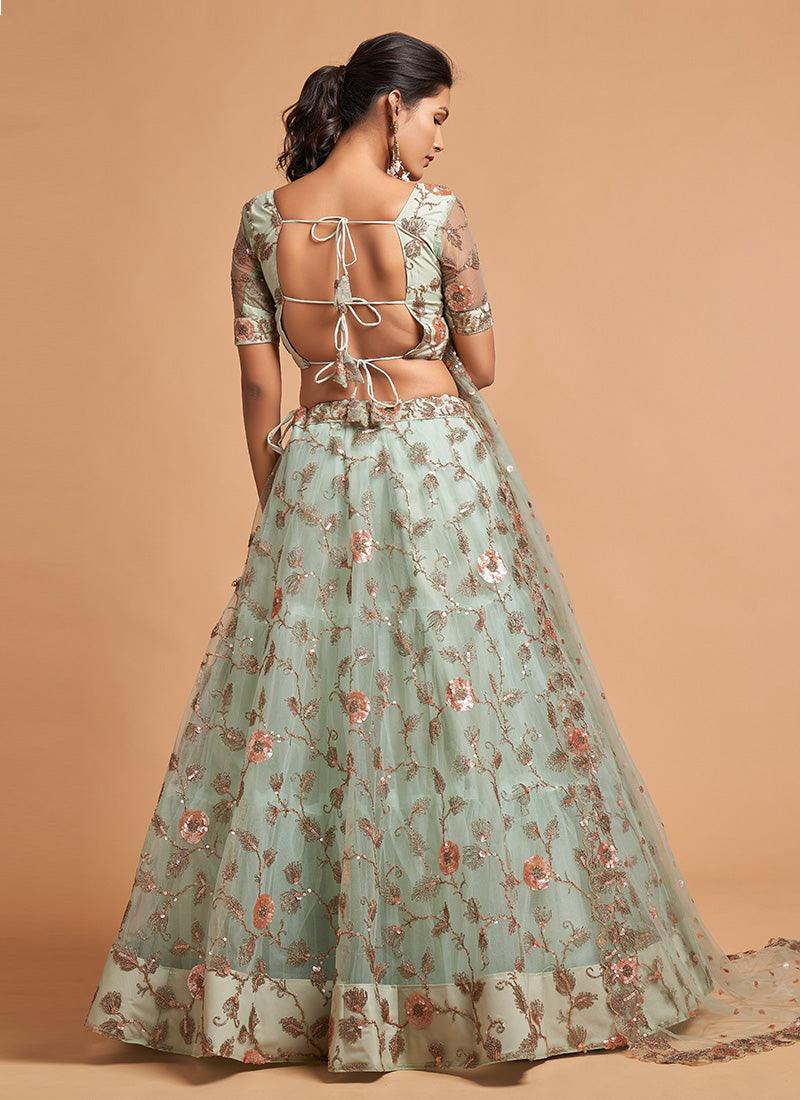 Sky Blue Color Net Base Sequined And Zari Work Lehenga Choli With Illusion Neck Blouse Cheap For Cheap