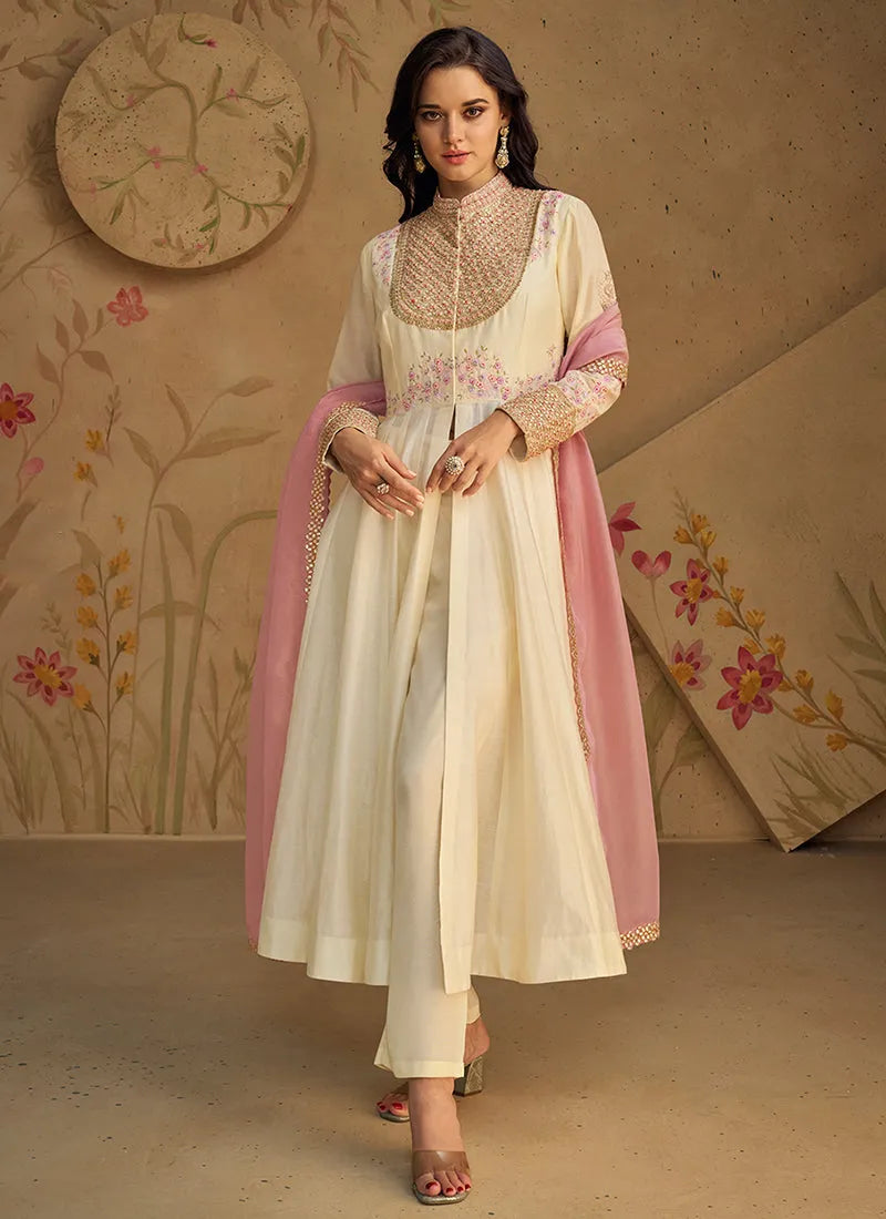 Cream Pure Silk Embroidered Designer Anarkali Pant Suit Cheap Sale Collections