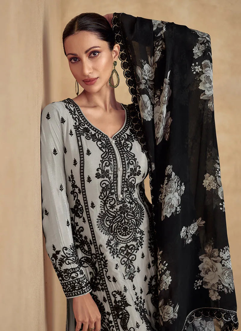 Dignified Deep Grey Thread Embroidered Traditional Palazzo Suit Discounts Cheap Pice