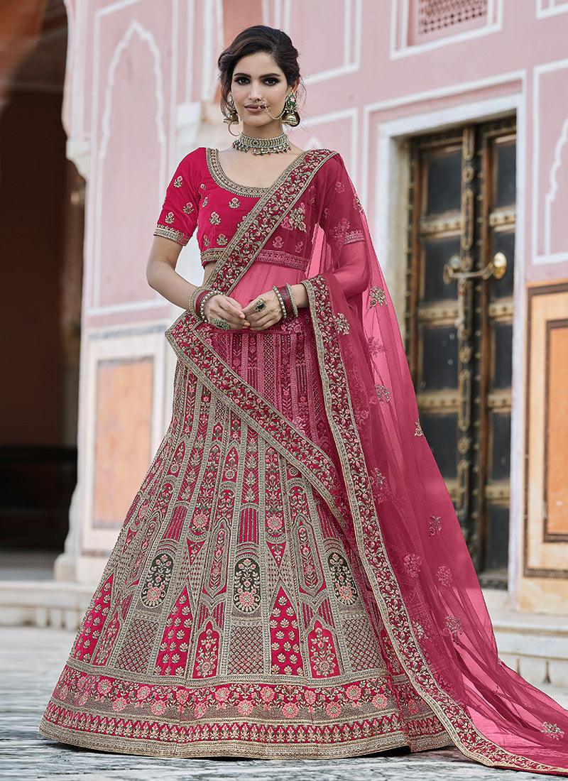 Magnificent Look Resham And Zari Work Pink Color Velvet Base Lehenga Cheap Low Pice Fee Shipping