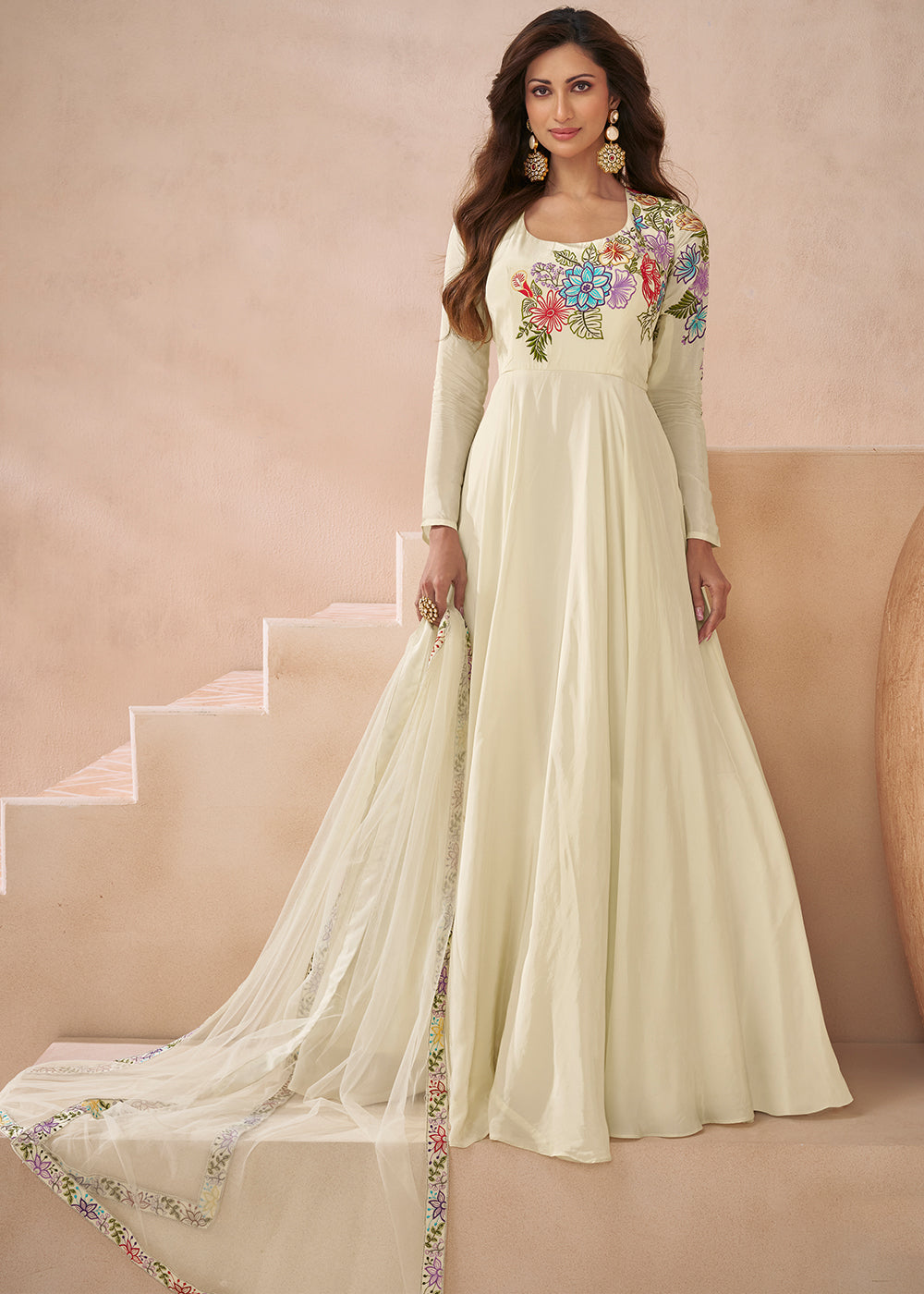 Luxurious White Pearl Pure Silk Anarkali Suit with Intricate Embroidery Outlet For You