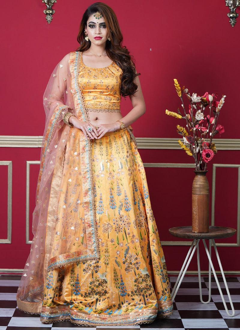 Eye-Captivating Yellow Color Silk Base With Digital Print Base Occasion Wear Lehenga Choli Free Shipping Clearance