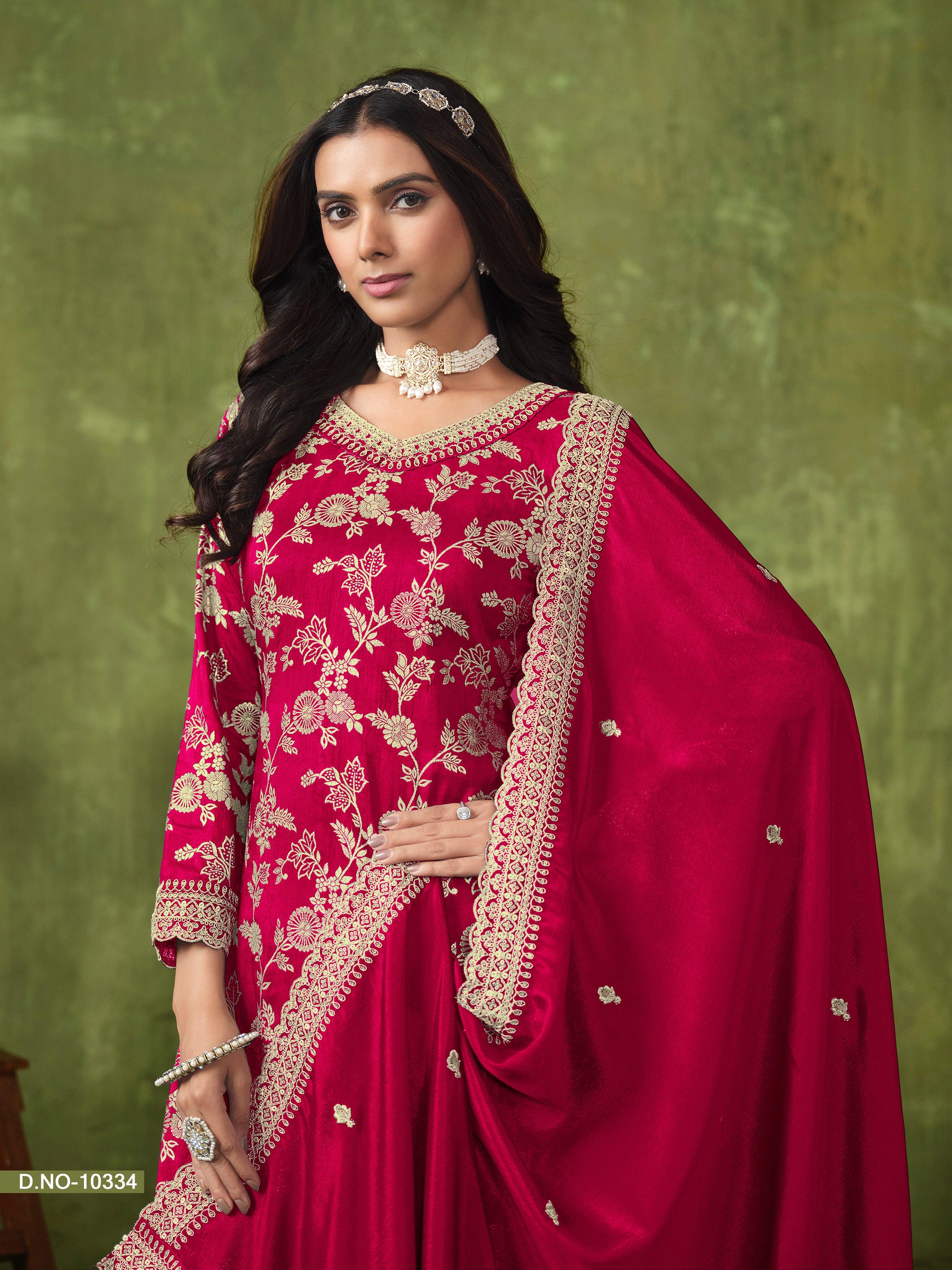 Red Event Wear Dola Silk Jacquard Top Palazzo Suit With Credit Card