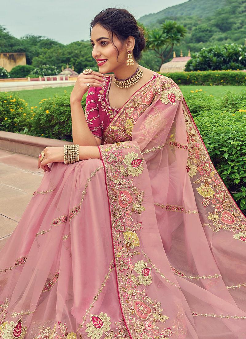 Pink Embroidered Organza Saree Discount Many Kinds Of