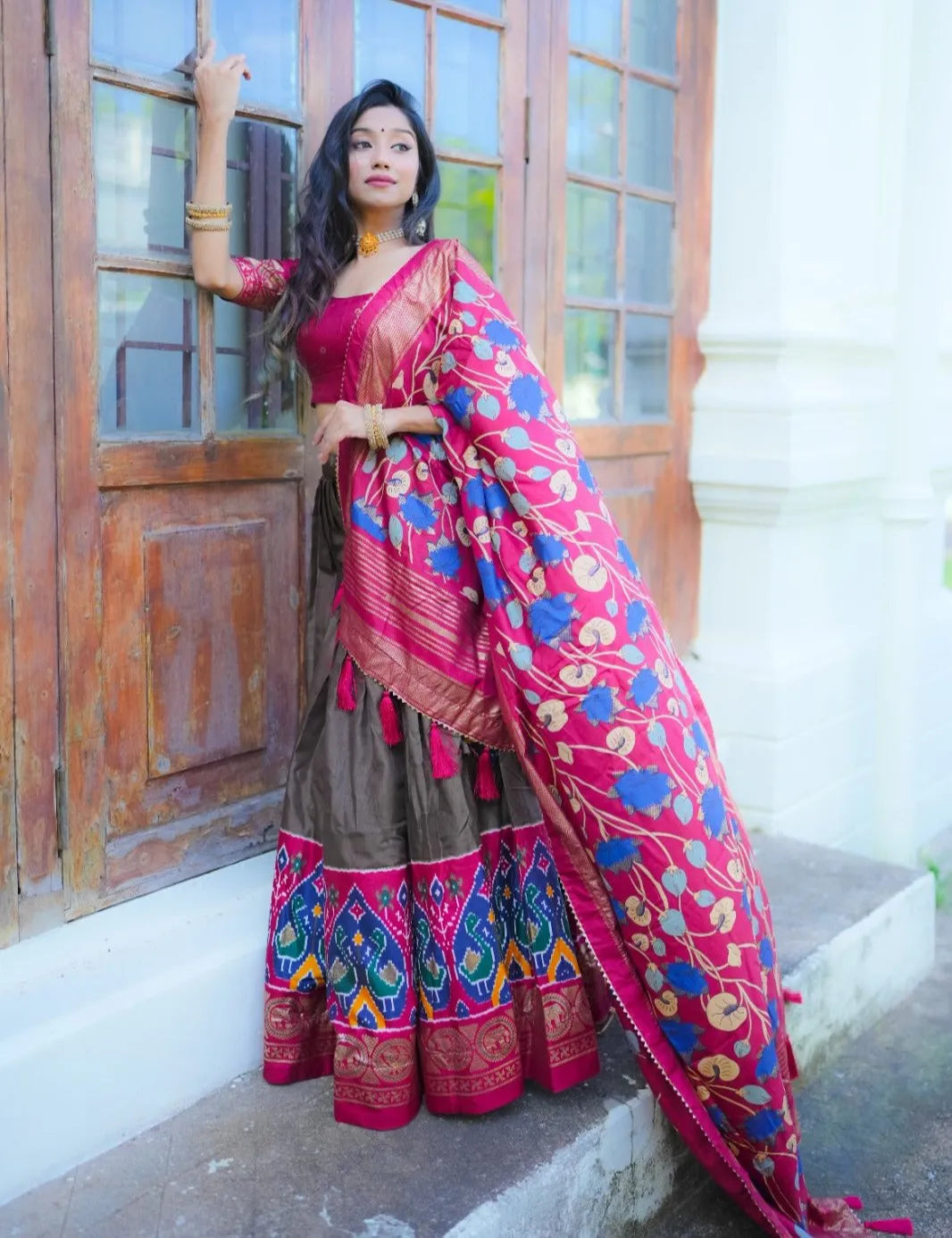 Gray Dola Silk Printed Foil Worked Lehenga Choli Set Free Shipping With Paypal