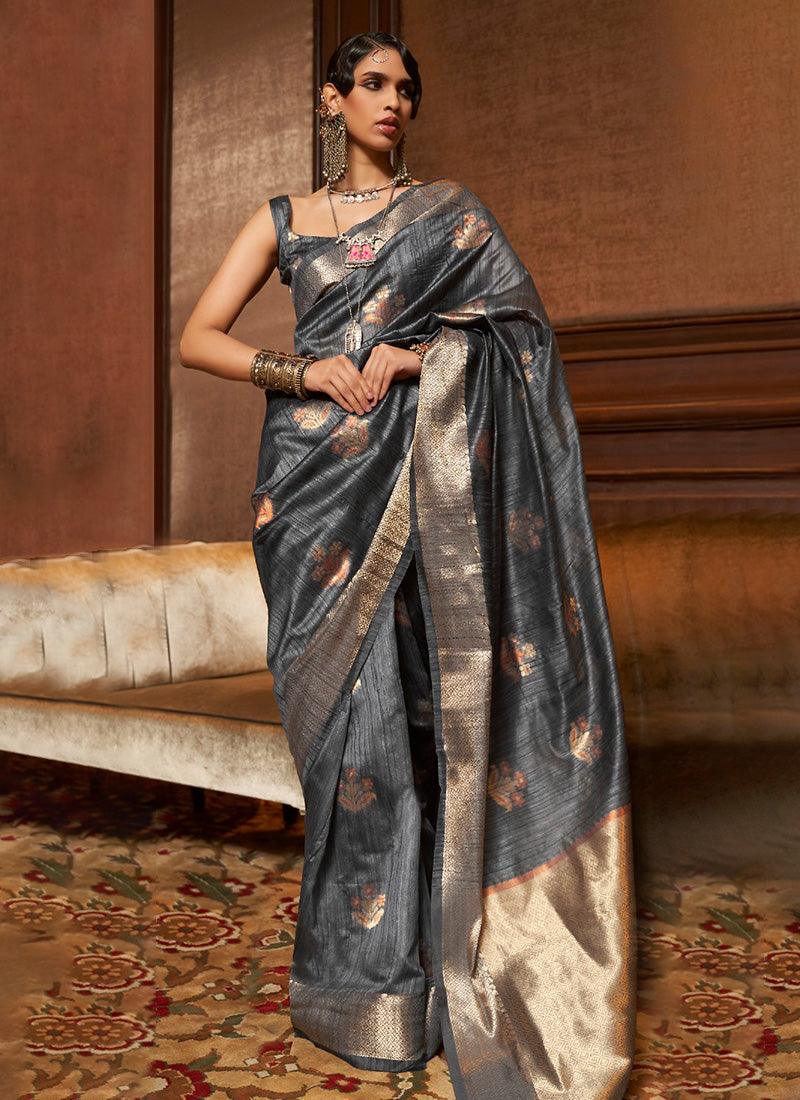 Sleeveless Blouse Grey Color Classic Silk Saree Best For Sale