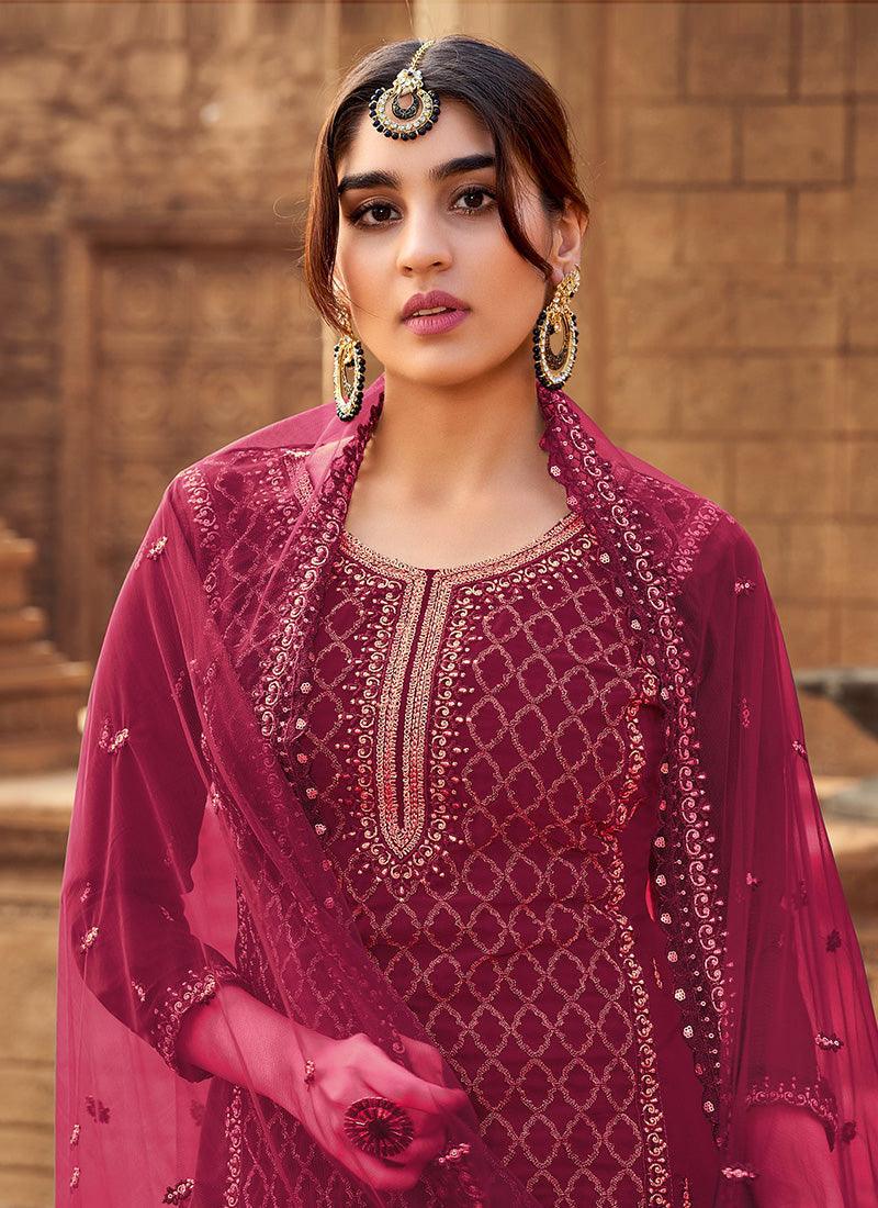 Rani Pink Color Georgette Base Palazzo Suit With Zari Work Amazon Cheap Pice