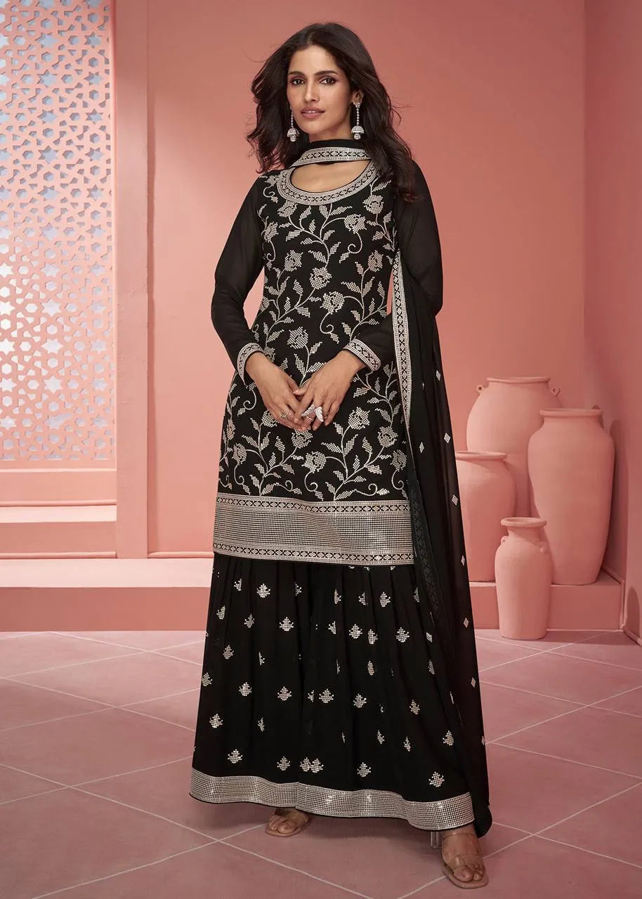 Classic Black Designer Embroidered Faux Georgette Sharara Suit Buy Cheap Outlet Locations