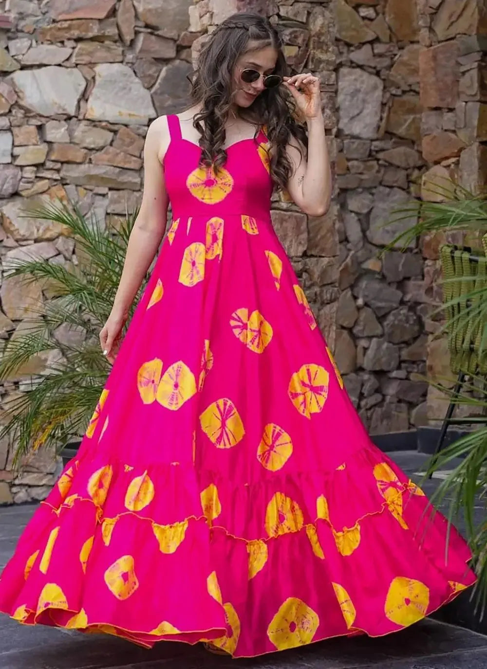 Pink Colored Rayon Gown with Full Flare and Digital Print Outlet Store Online