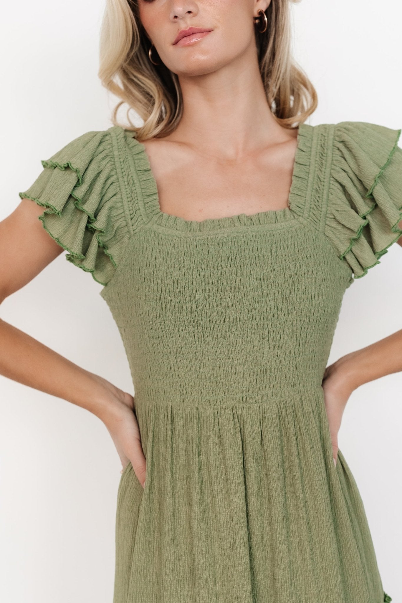 Jacie Smocked Midi Dress | Sage Clearance Low Pice Fee Shipping