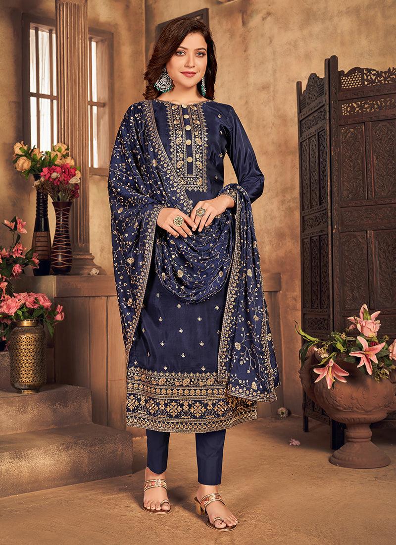 Navy Blue Color Dori Work Silk Base Pant Style Salwar Kameez High Quality