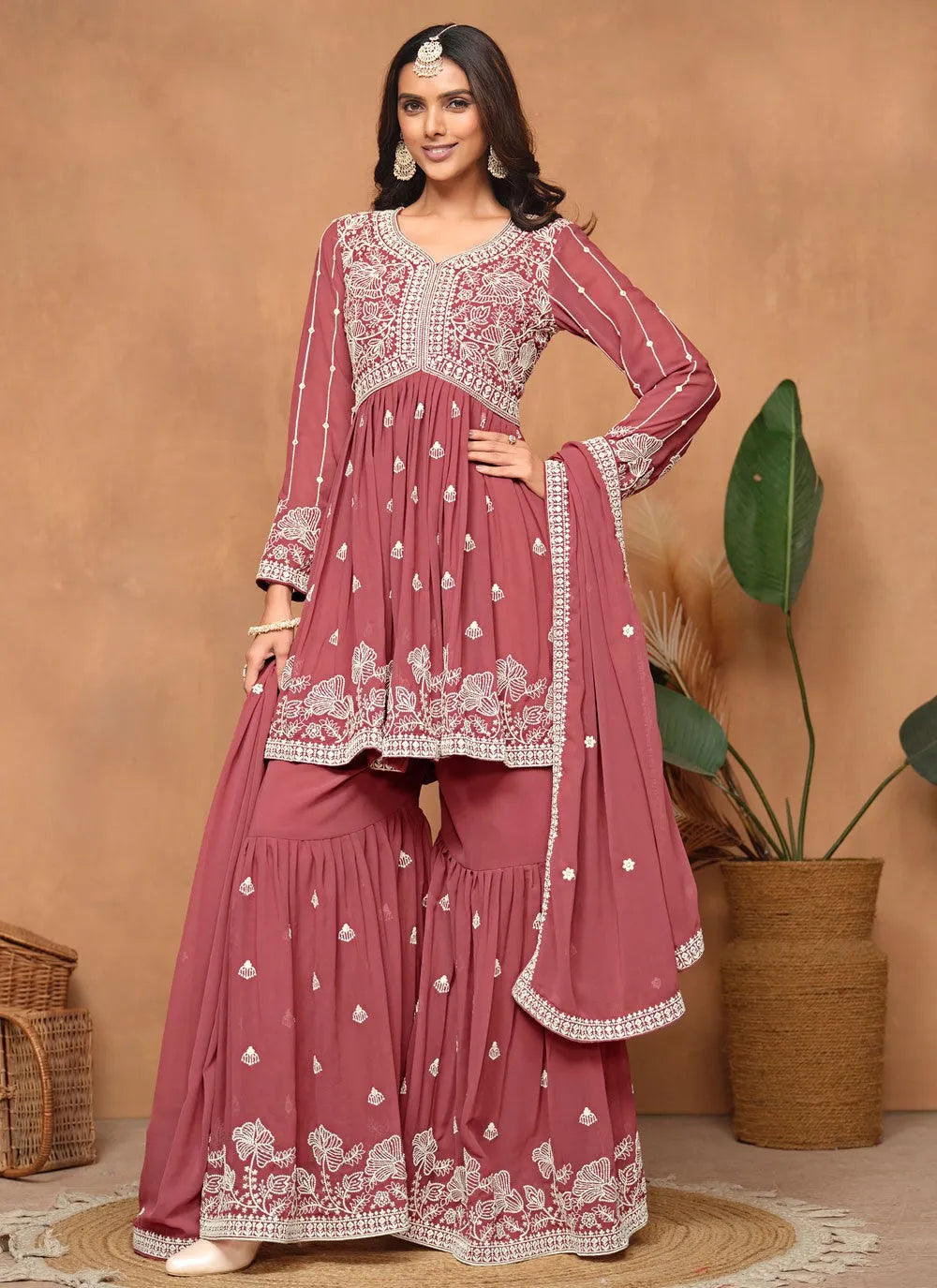 Rust Brown Faux Georgette Sequins Embroidered Designer Top Sharara Suit Real Cheap Online