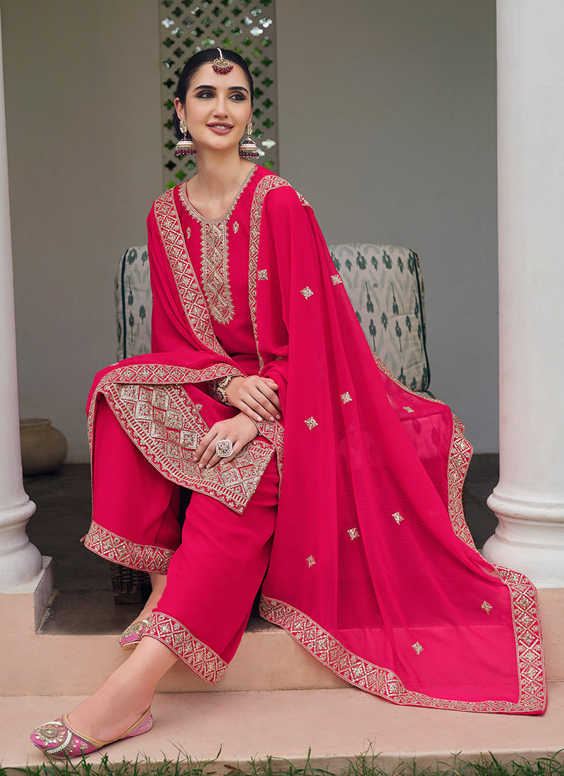 Mesmerizing Pink Embroidered Georgette Palazzo Suit Enjoy Cheap Online