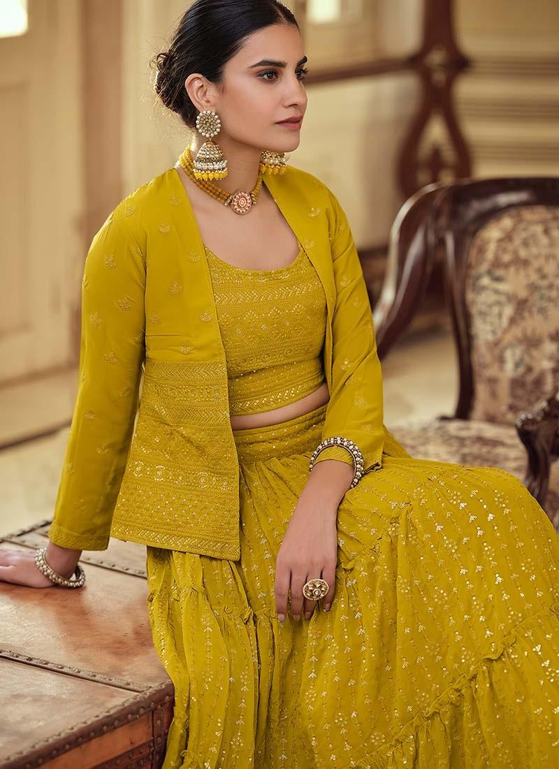 Mustard Yellow Color Sequined Work Georgette Fabric Lehenga Choli Buy Cheap Reliable