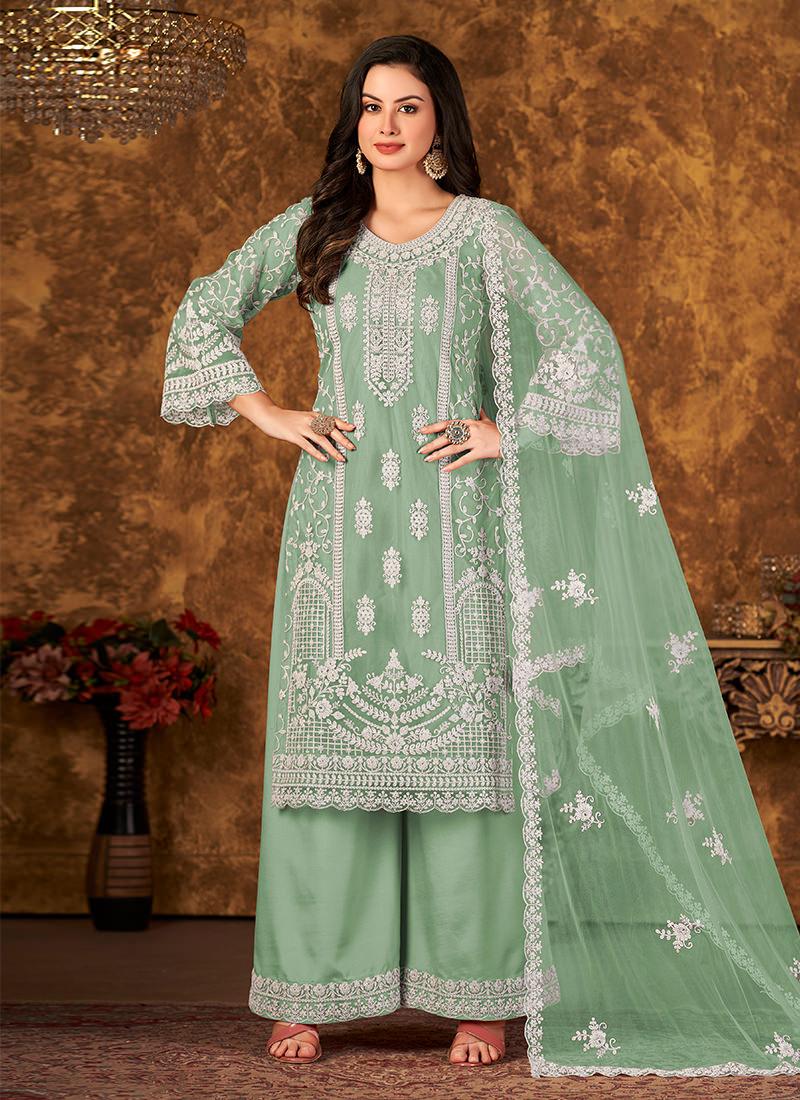 Sea Green Bell Sleeves Palazzo Salwar Suit Footlocker Pictures Online