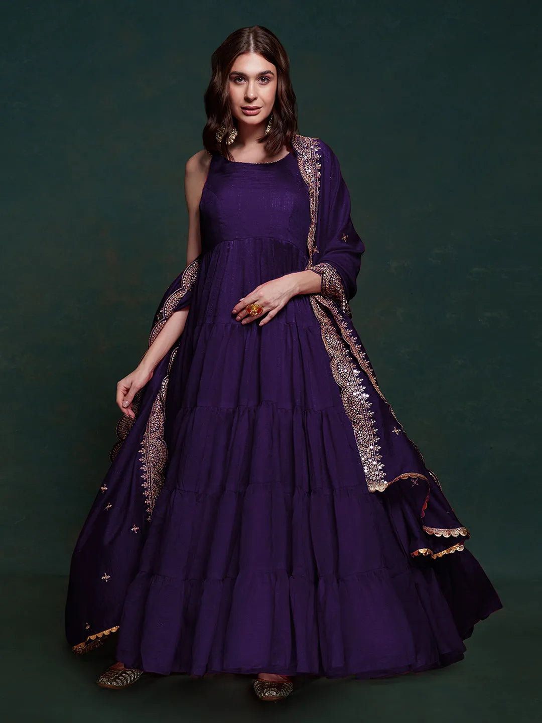 Purple Ruffle Sleeveless Gown With Heavy Dupatta 2025 Unisex Online