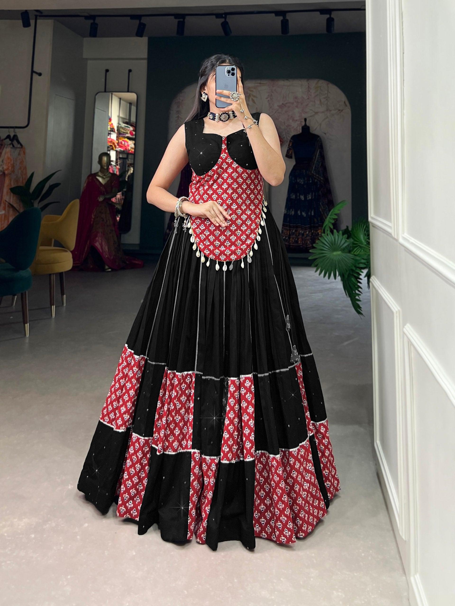 Black Colored Printed Foil Mirror Gota Patti Worked Navratri Lehenga Set Where To Buy Low Pice