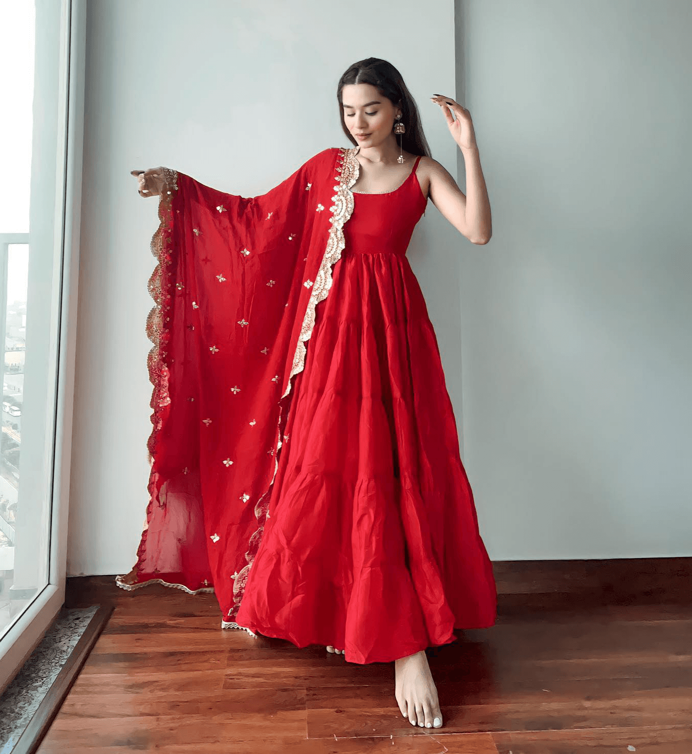 Red Ruffle Sleeveless Gown With Heavy Dupatta Really For Sale