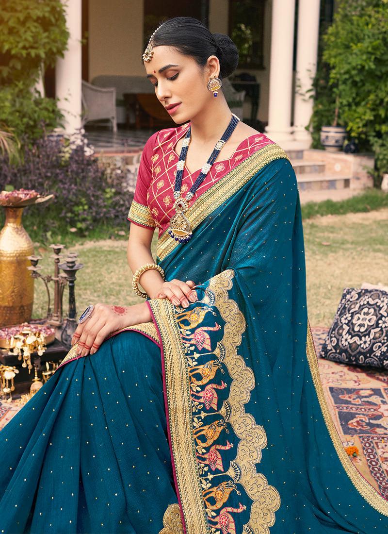 Teal Blue Embroidered Traditional Saree Clearance Discounts