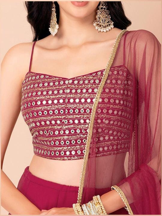 Rani Pink Georgette Mirror Work Flared Lehenga Choli Sale Cheapest