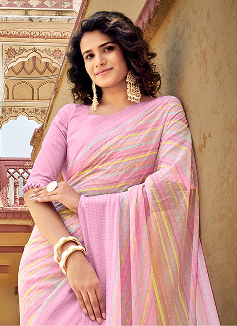 Striped Pattern Georgette Base Pink Saree Discount Outlet Store