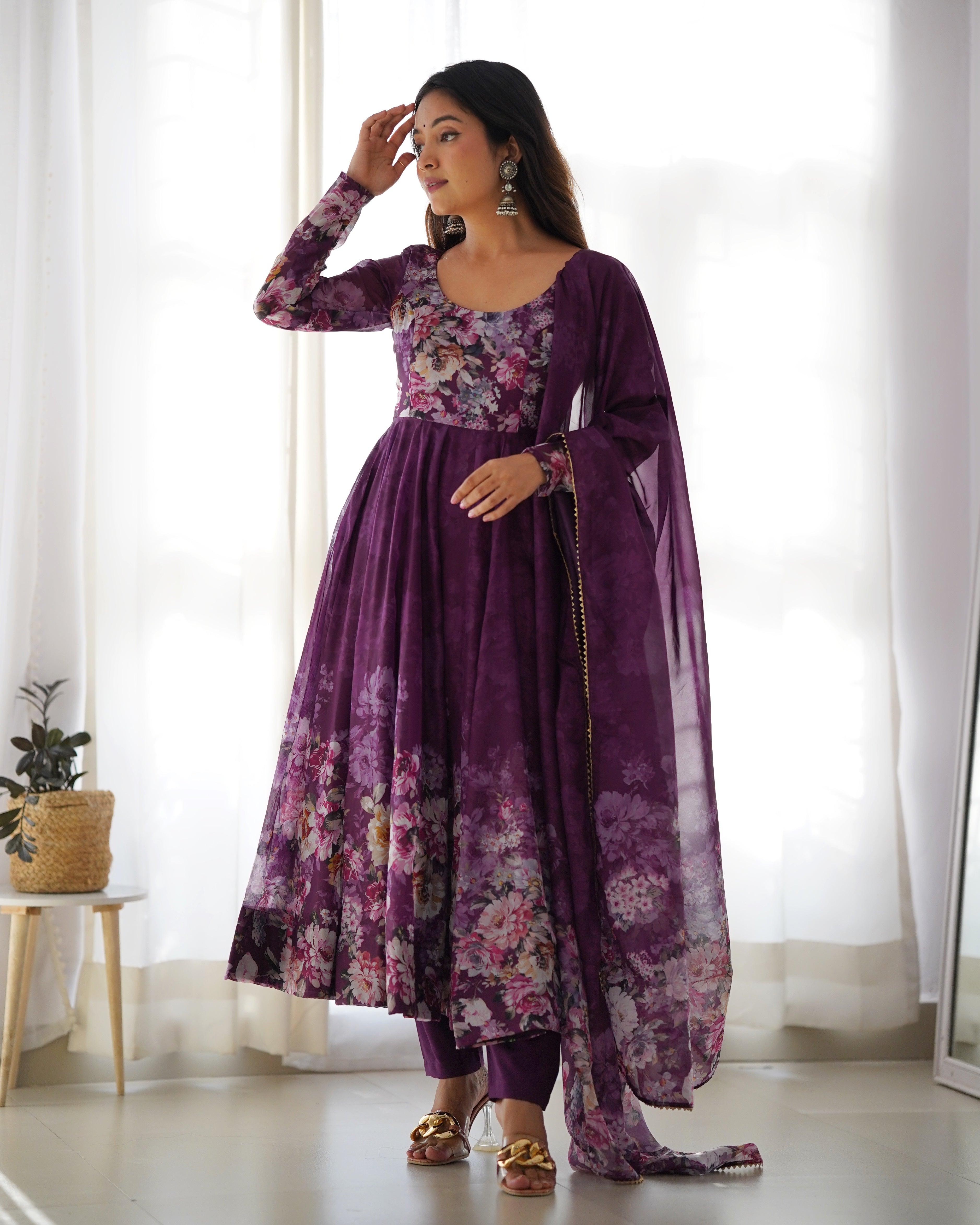 Wine Color Organza Printed Anarkali Suit With Dupatta Sast Online