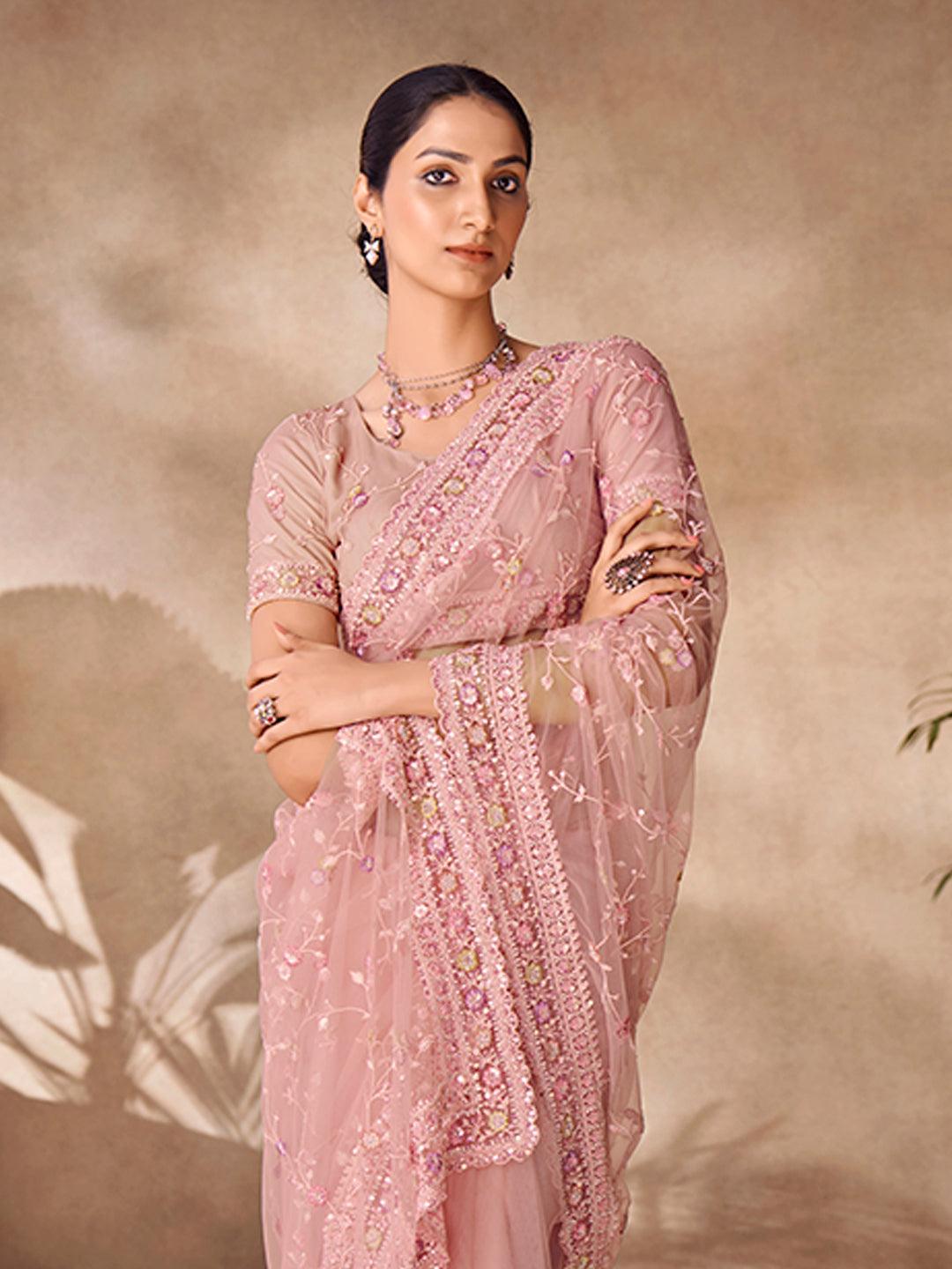 Net base peach color embroidered and sequins work saree Free Shipping Inexpensive