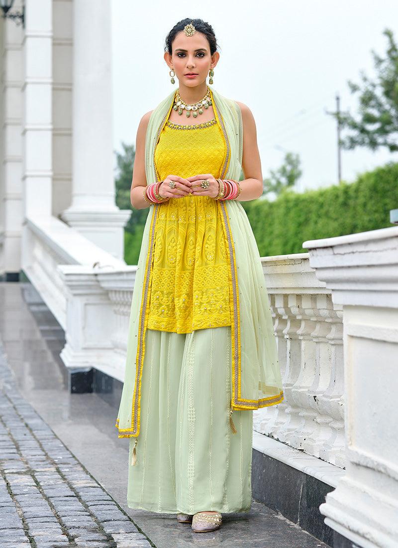 Yellow Color Georgette Base Resham Work Sleeveless Salwar Kameez Discount Many Kinds Of