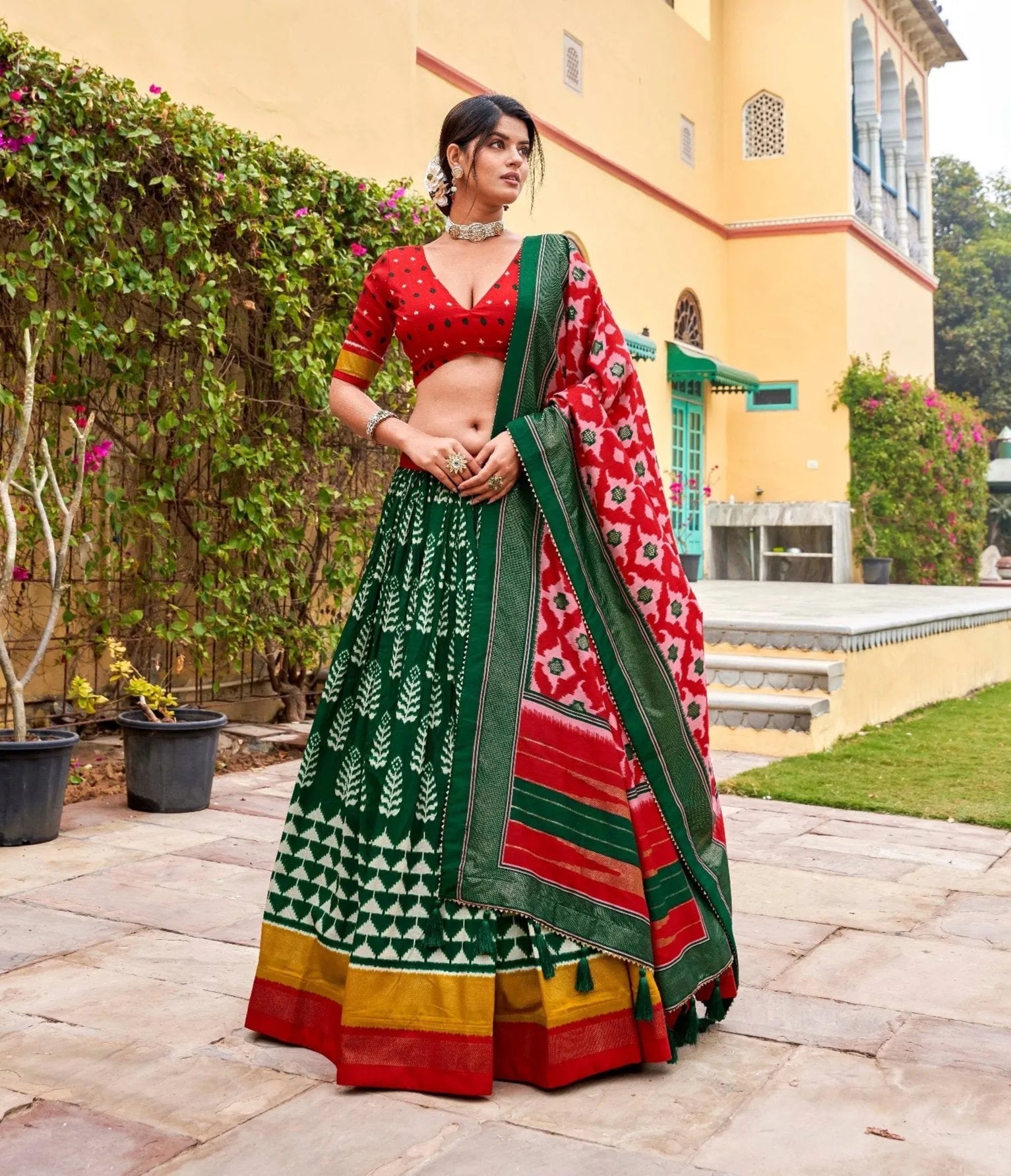 Impressive Green Tussar Silk Printed Lehenga Choli Set Low Pice Fee Shipping Online