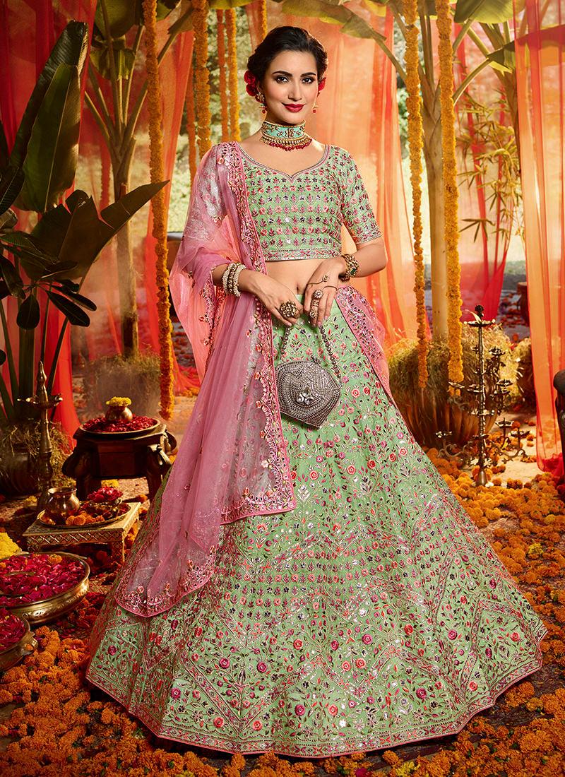 Outstanding Pista Green Organza Base Embroidered Lehenga Choli Outlet Big Discount