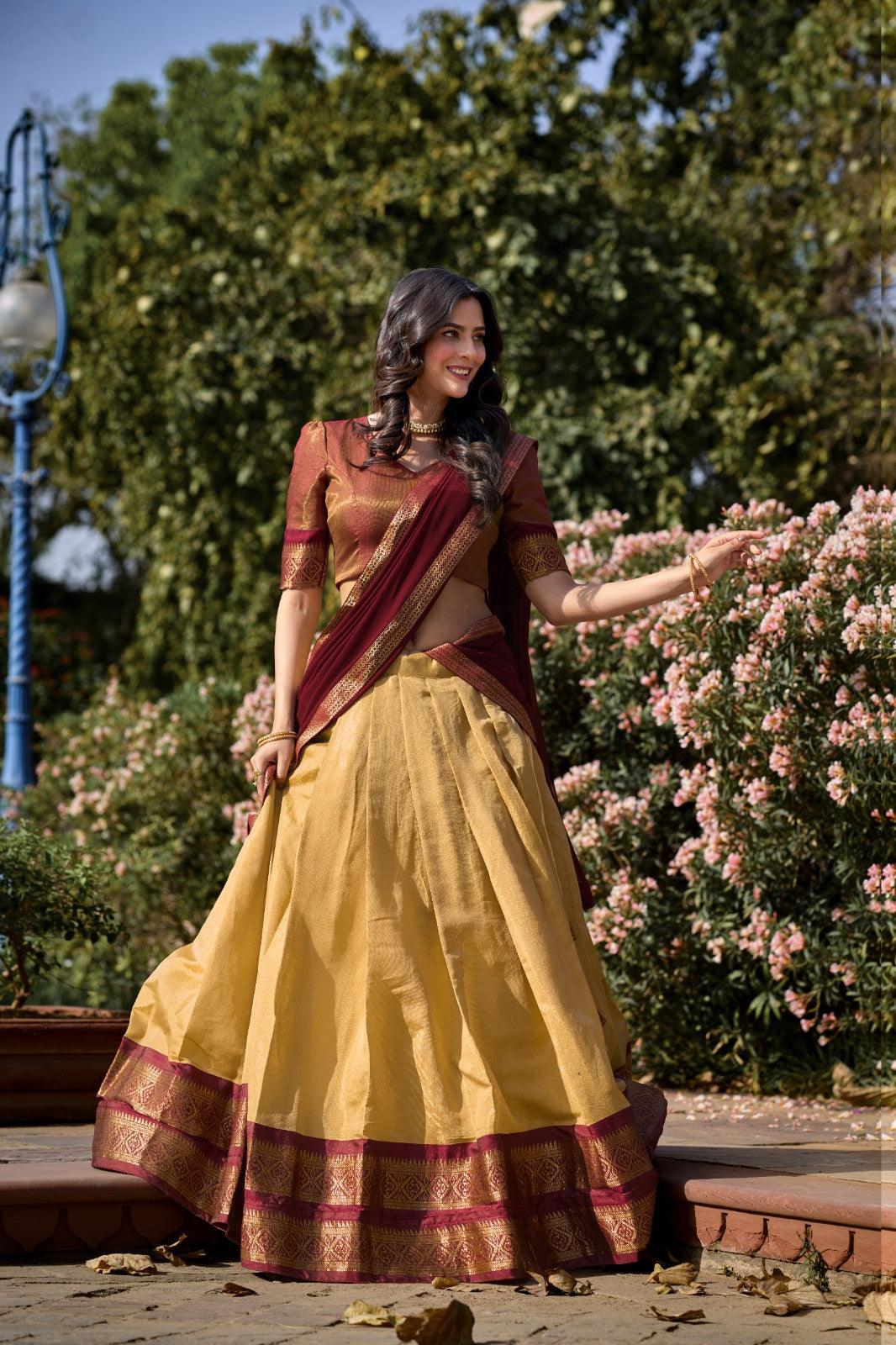 Festival Wear Kanchipuram Silk Zari Weaving Lehenga Choli Set Low Pice Sale Online