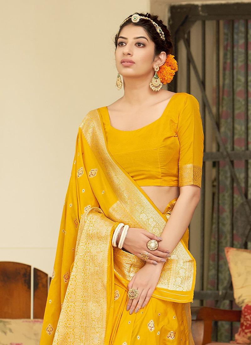 Yellow Color Banarasi Silk Fabric Saree With Silk Weaving Cheap Sale Cheapest