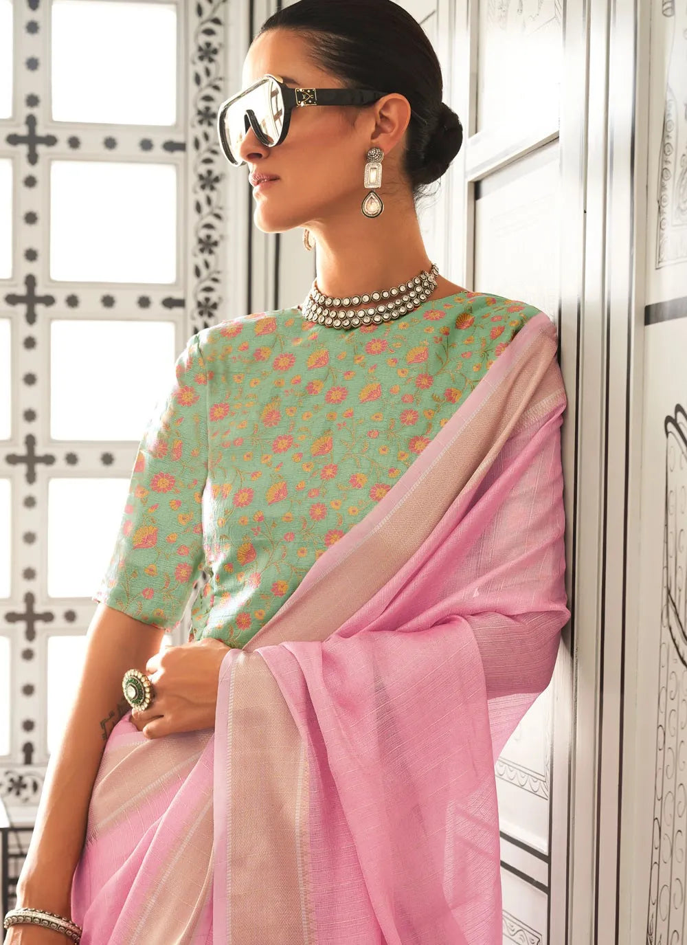 Pink Handwoven Chiffon Classic Saree With Heavy Jacquard Blouse Buy Cheap Official Site