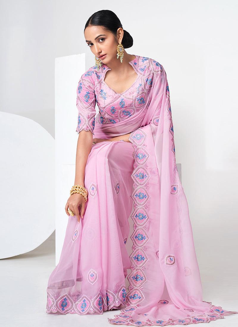 Queen Anne Neckline Baby Pink Organza Saree Choice For Sale