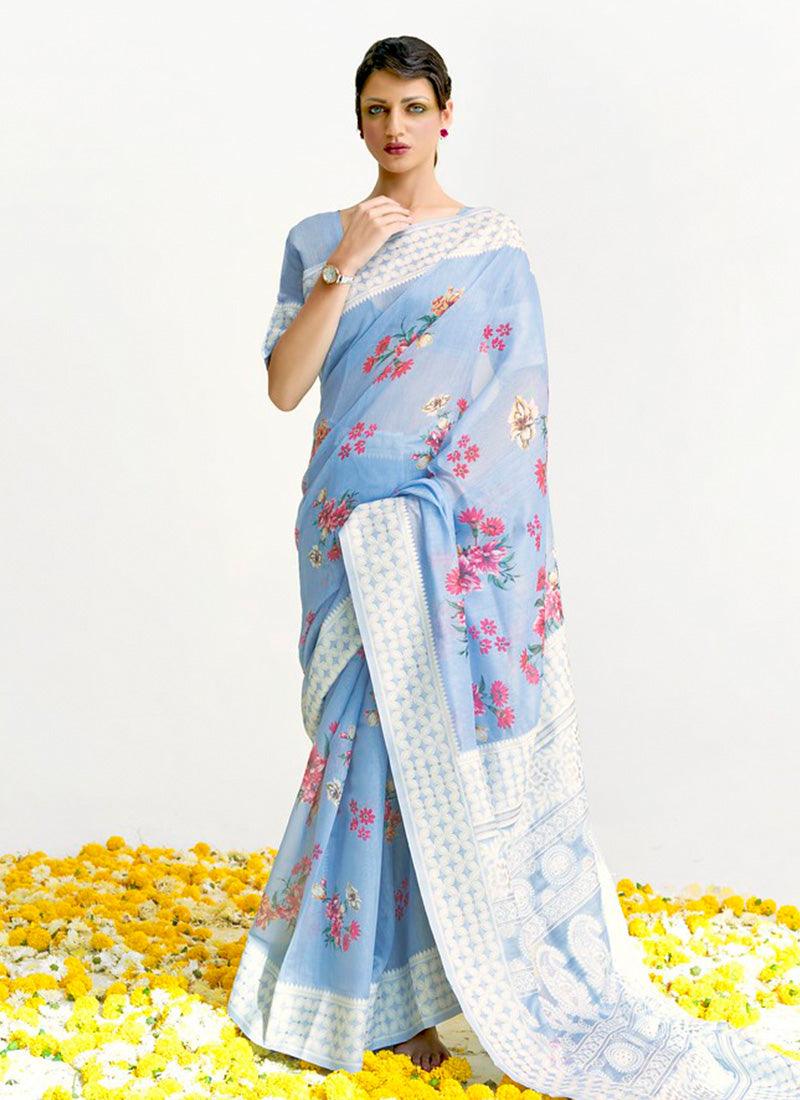 Mesmerizing Look Sky Blue Color Floral Print Saree With Silk Weave Cheap With Mastercard