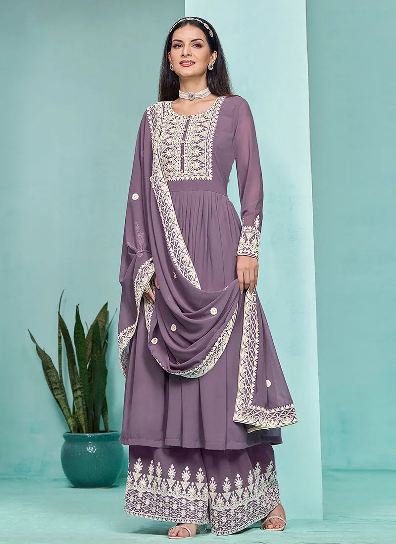 Traditional Lavender Embroidered  Anarkali Palazzo Suit Sale Good Selling