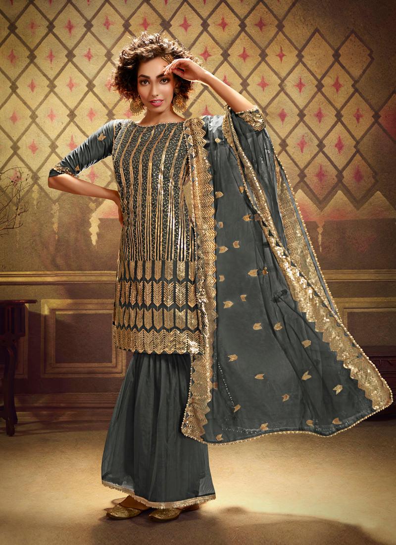 Grey Net with Exotic Golden Sequins Sharara Salwar Suit Sale With Paypal