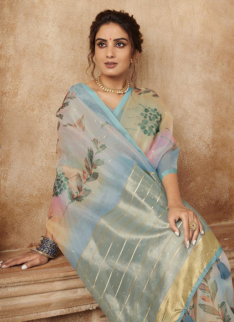 Organza Base Printed Sky Blue Floral Saree For Sale Wholesale Pice