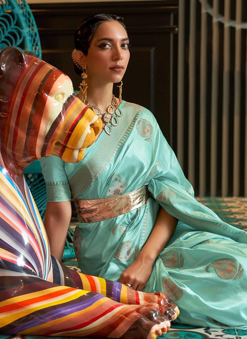 Classic Wear Silk Weave Turquoise Saree Purchase Cheap Pice