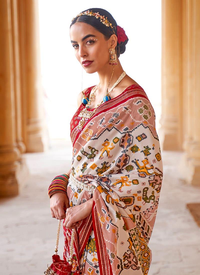 Ceremonial Silk Base Cream Color Printed Saree With Swarovski Work Cost Online